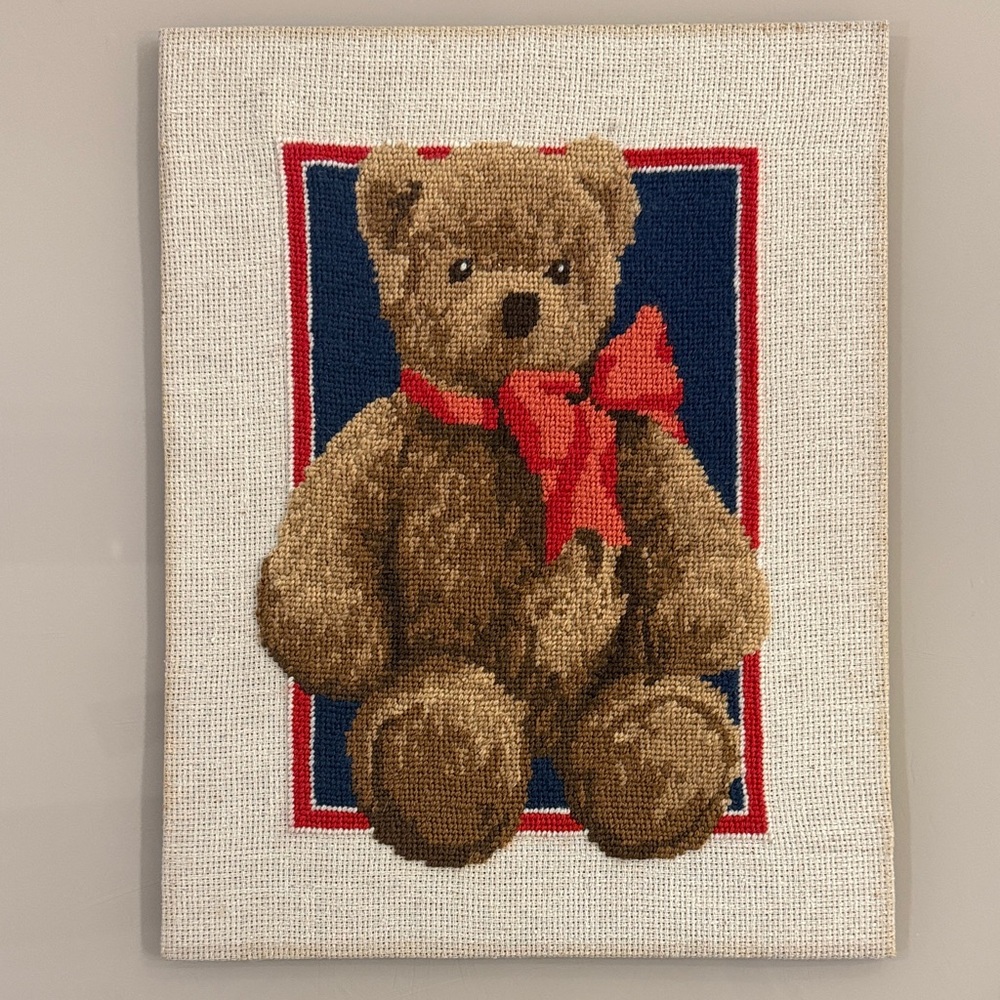 Vintage 1985 Teddy Bear Needlepoint Wall Art